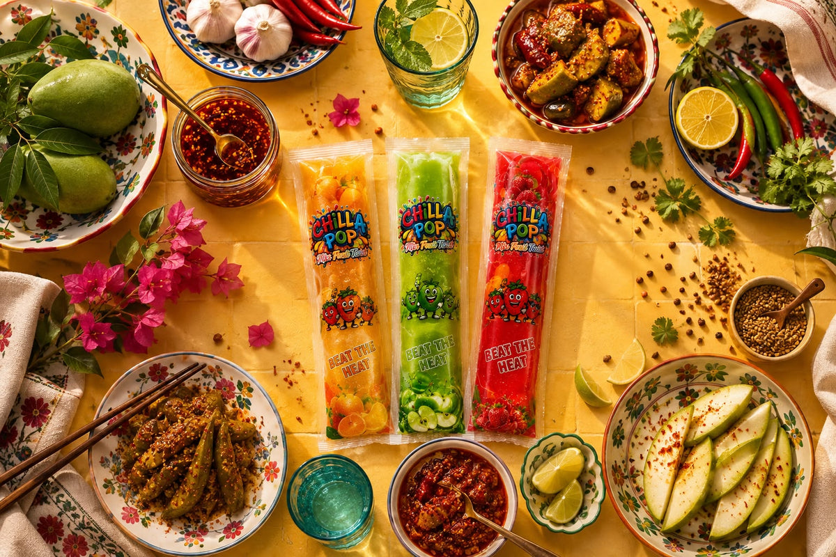 Three packages of chilla Pop ice lolly in tropical flavors are displayed on a yellow table surrounded by various colorful tropical foods, drinks, and garnishes. The packages feature vibrant illustrations of sea urchin, mango, and lime flavors.