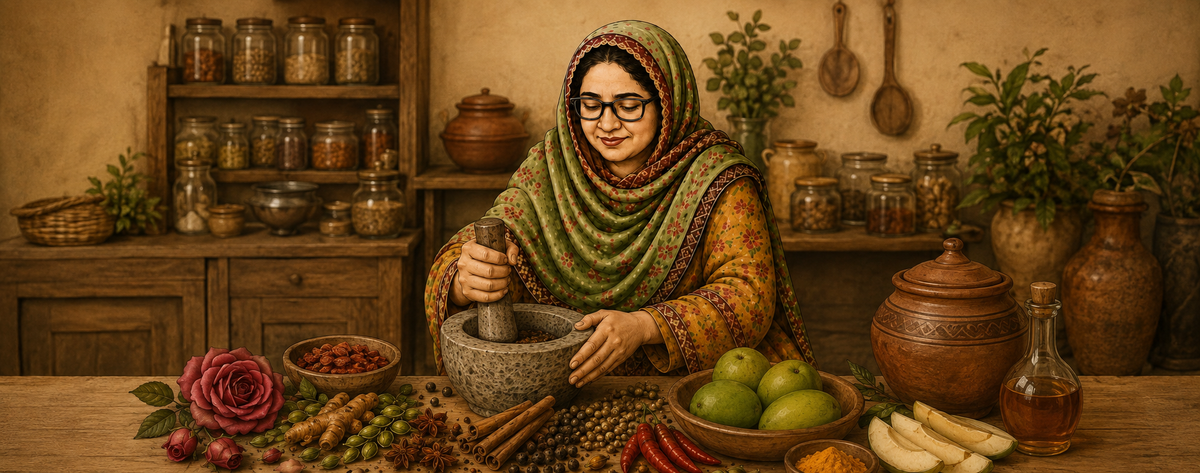 A woman in traditional South Asian attire, wearing a green and gold patterned headscarf and a yellow kurta, is depicted grinding spices in a stone mortar. She is positioned in a rustic kitchen setting with wooden shelves, glass jars, hanging utensils, and a table laden with fresh ingredients including green apples, cinnamon sticks, and a rose.