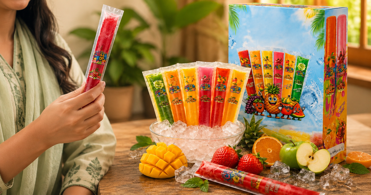 A person holds a packaged red popsicle while a table displays a colorful assortment of fruit-flavored popsicles, a large branded box, and fresh fruit slices and ice in a bright indoor setting.
